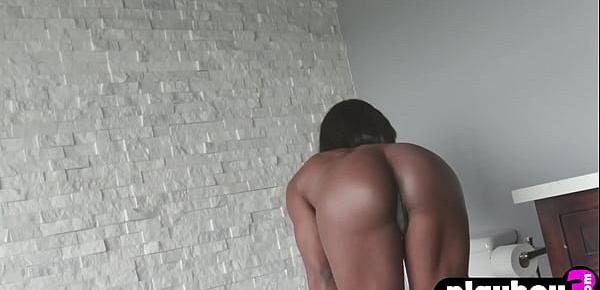  Horny ebony babe Ana Foxxx massage her wet black pussy after hot posing